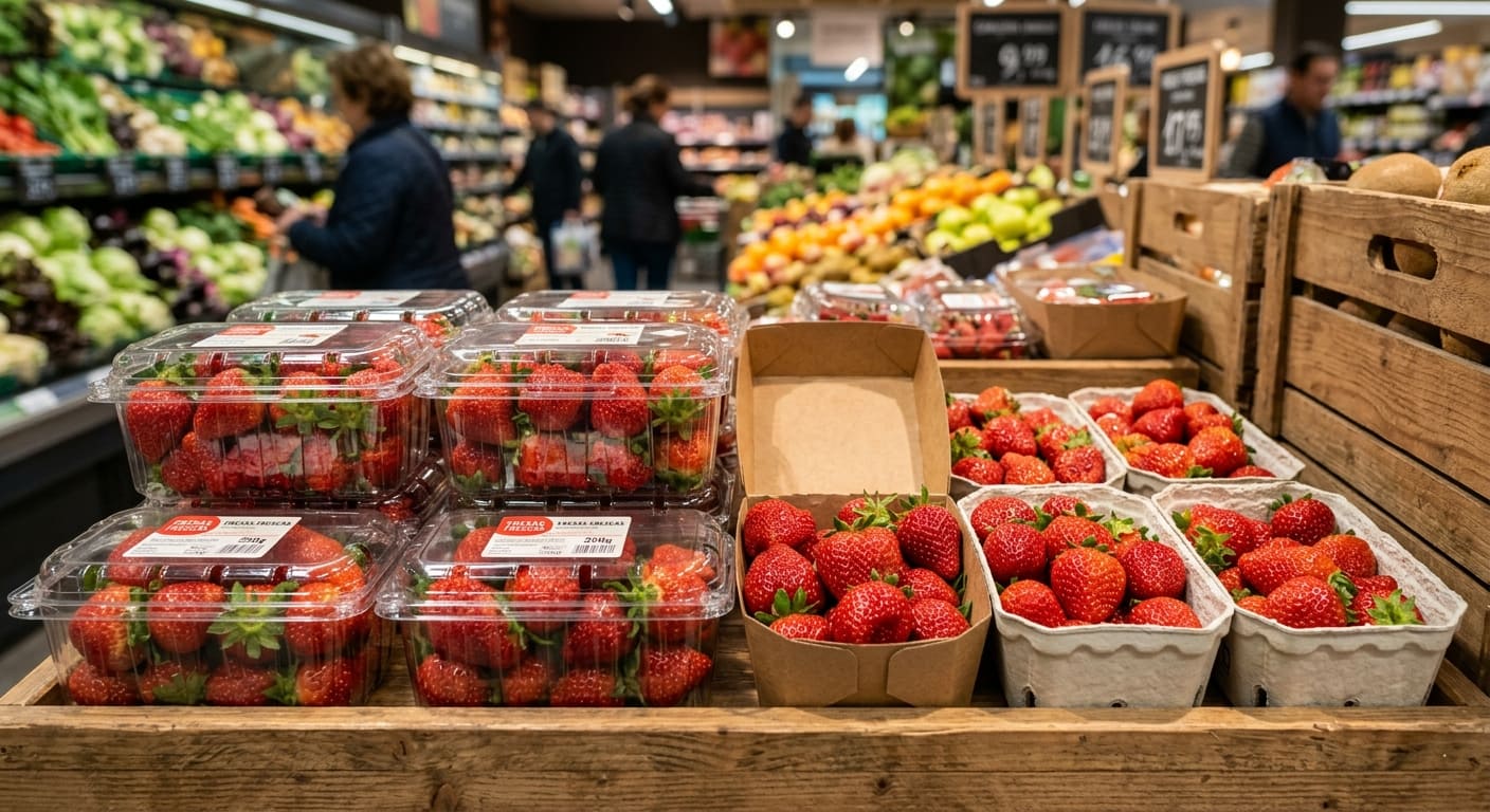 ¿Cómo influye el envase de las fresas en su presentación en el punto de venta?